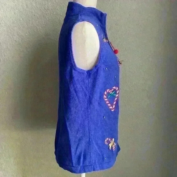 Vintage Nouveaux Cute Ugly Christmas Knit Sweater Vest Candy Canes Blue Zipper M - Picture 5 of 10